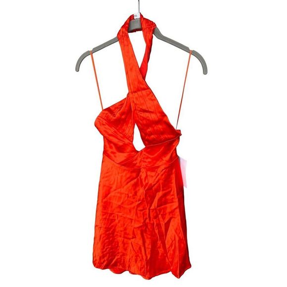 Free People X Sau Lee Livi Satin Mini Dress Red Halter Cocktail - Picture 5 of 9